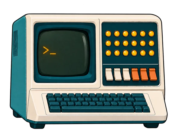 Compact retro workstation with a CRT, amber indicator lights and ivory and orange paddle switches